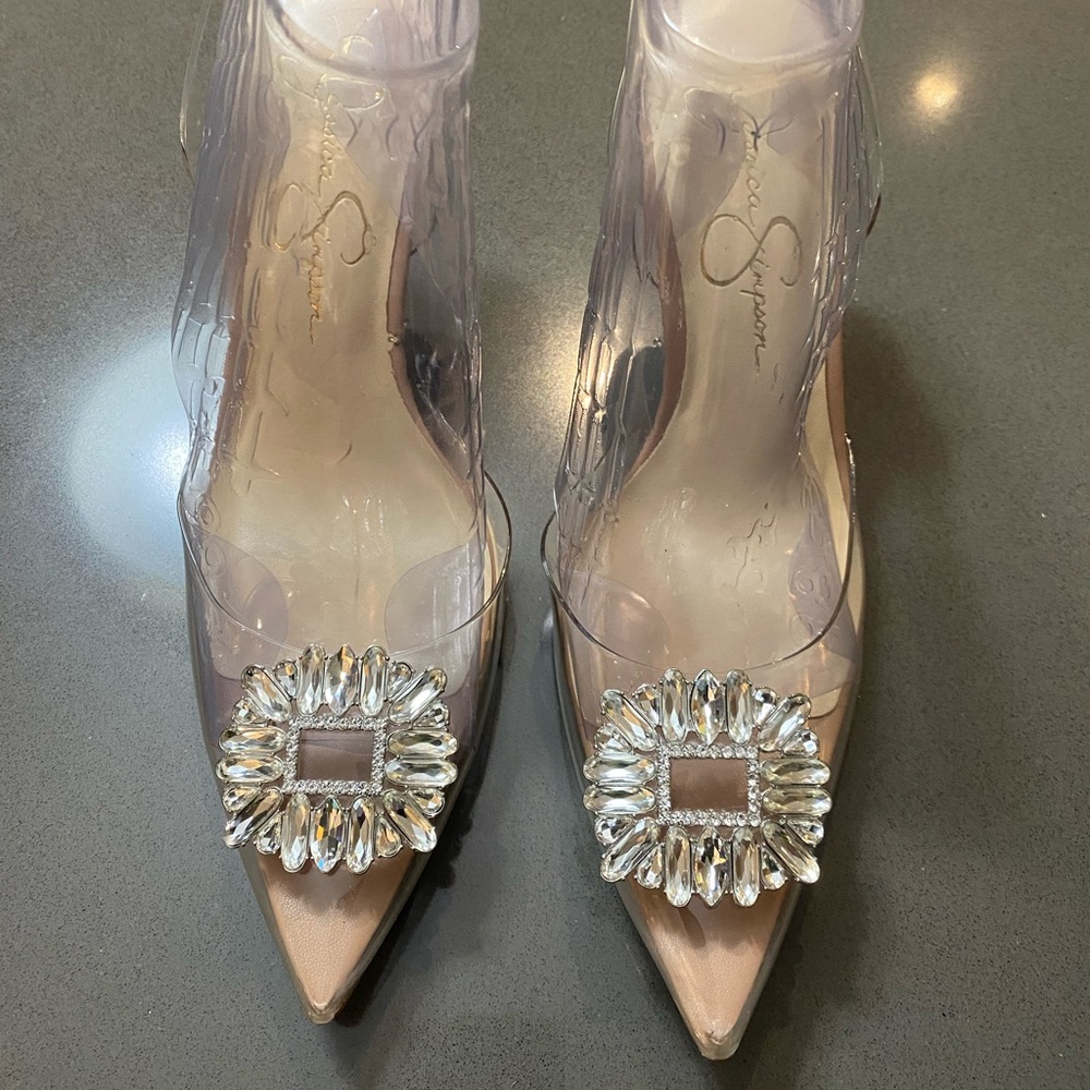Jessica Simpson Elegant Clear Heels with Crystal Embellishments Sz 6.5